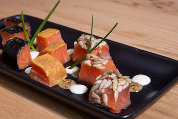 Close up at pieces of Salmon. Eating, closeup.