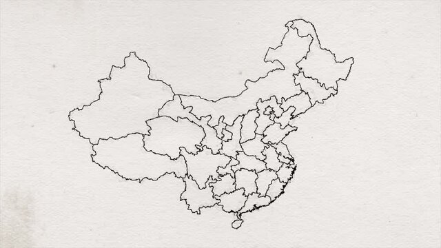 China Hand Drawn Map Ink Textured Showing Up Intro/ 4k animated china cyber hi-tech map intro background with countries appearing