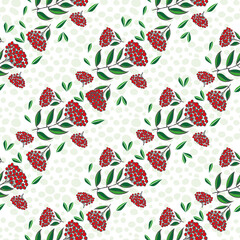 Vector garlands of cotoneaster berries and leaves. Seamless red, white, green pattern background. Backdrop with diagonal rows of hand drawn fruit and foliage. Winter themed botanical all over print.