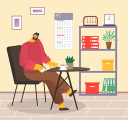 Businessman working at office table flat design. Vector illustration of cartoon big boss workspace. Busy man talking on phone holding smartphone with shoulder and writes information to a notebook