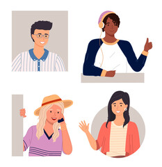 Obraz premium Set of happy curious looking young people peeping from behind the wall or peek out the window. Cute girl in hat and waving hand, smiling african man, young guy in headphones with a fashionable haircut