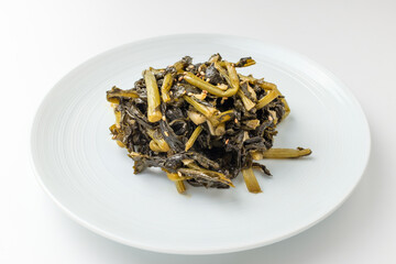 Trimmed radish stems on a white background