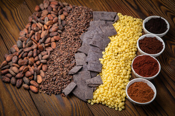 All kinds of cocoa. Beans, grated, pressed and cocoa butter on a wooden table
