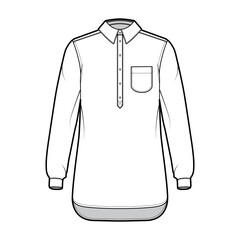 Shirt pullover technical fashion illustration with rounded pocket, long sleeves, relax fit, half placket button down, regular collar. Flat template front, white color. Women men top CAD mockup