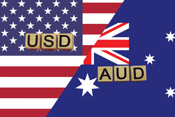 American and Australian currencies codes on national flags background