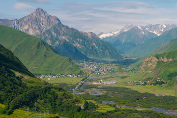 Beautiful scenery of Kazbegi valley in summer season, Caucasus mountain range in Georgia