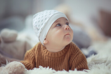 kid in a warm sweater child boy / portrait seasonal clothes, warm knitted sweater on a child, autumn portrait