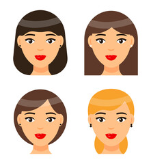 Set of women types of haircuts or hairstyles. Brunette girl with short hair and forelock. Brown-haired female with long hair. Cute brown-haired bob haircut. Pretty blonde woman with elegance ponytail