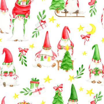 Watercolor seamless pattern with Christmas gnomes. Hand painted cute elves celebrating New year with christmas tree, sleigh and gifts. Design for scrapbooking paper, wrapping, winter packaging