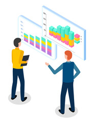 Teamwork analysis. Businesspeople discussing strategy, financial plan, statistic, looking presentation, business statistics. Office workers stand near boards with visual presentation. Growing graphics