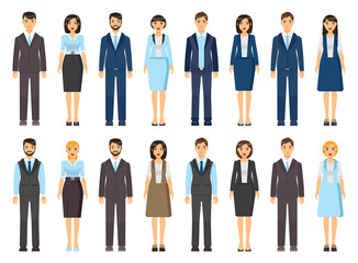 Collection of vector cartoon characters. Businesswomen and businessmen with different style office cloth, haircuts. Set of businesspeople wearing office suit, accessories. Dresscode of business person
