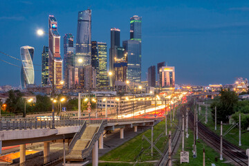 Car traffic in front of Business center Moscow City. Evening view