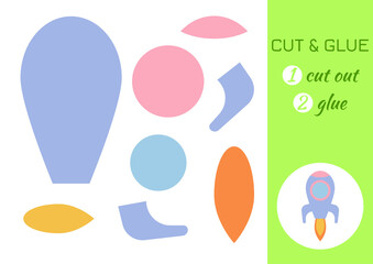 Cut and glue paper rocket. Color paper cutting application game. Educational game for preschool children. DIY activity worksheet. Kids art game and activities jigsaw. Vector stock illustration.
