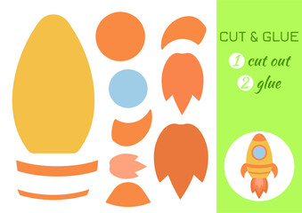 Cut and glue paper rocket. Color paper cutting application game. Educational game for preschool children. DIY activity worksheet. Kids art game and activities jigsaw. Vector stock illustration.