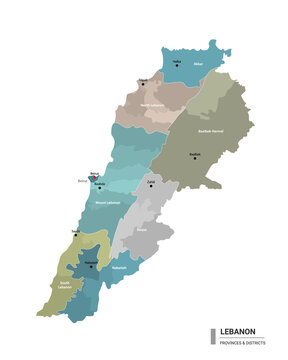 Lebanon higt detailed map with subdivisions. Administrative map of Lebanon with districts and cities name, colored by states and administrative districts. Vector illustration.