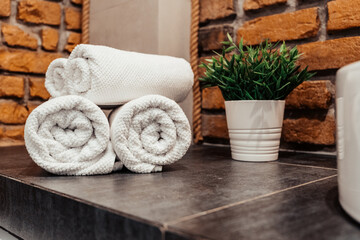 Obraz na płótnie Canvas corner of the bathroom on a gray surface white towels are stacked in rolls loft style brick walls green potted grass