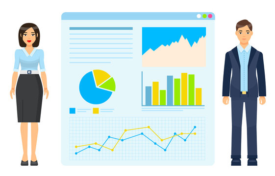 Businesswoman with businessman wearing office dresscode, suit, costume standing near graphs, charts, graphics, diagram, web analytics data, growing schedule, statistics, report. Infographic elements