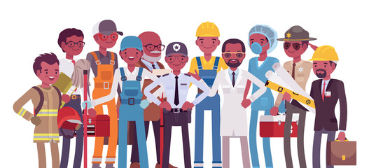 Black male professional workers of different occupations and jobs. Group of people in management, office, banking, medicine, science career. Vector flat style cartoon illustration, white background
