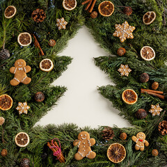 Christmas tree negative space made with evergreen tree branches, cinnamon sticks, dried lemon and...