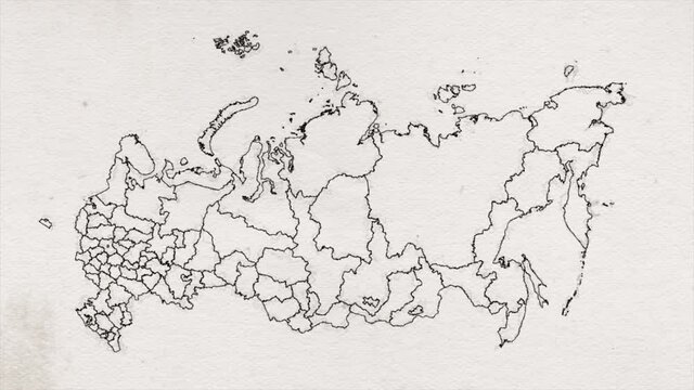hand Drawn Russia Map History Intro With Regions/ 4k animated hand drawn russia old map intro background with countries on grain textured paper
