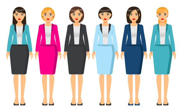 Cartoon characters. Woman brunette with short haircut wearing different clothes. Girl in business look. Businesslady wear business dress, skirt and blouse, office suit with jacket. Set of clothes