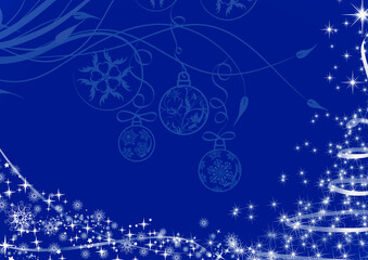 Blue background for creating a Christmas card with stars, snowflakes and balls.