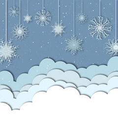 winter background, snowflakes and clouds in paper style