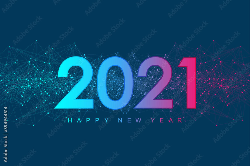 Aufkleber 2021 Merry Christmas and Happy New Year greeting card, poster, cover. Modern futuristic template for 2021. Digital data visualization. Plexus geometric effect. Vector illustration