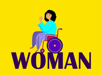 International Women Day Celebration.Feminism concept non Discrimination.Invalid Disabled Confident Girl with Poster.Eighth of March Congratulation.Woman Empowerment Motivation.Flat Vector Illustration