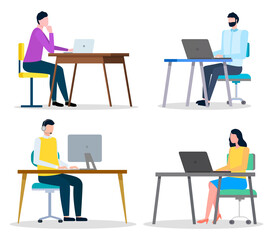 Workplace, working with laptops, set of businesspeople working with computers sitting at table, office worker user of internet, man with headset, microphone, employees men and woman, managers