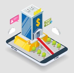 Mobile banking. Isometric bank building, gold bar on smartphone screen, vector illustration. Mobile service and online financial transactions. Gold deposit, bank investments.