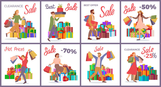 Set of illustrations on the theme of the holiday sale and best offer. Happy people buy gifts for the holiday. The group with multi-colored shopping bags in their hands. Big boxes on the background
