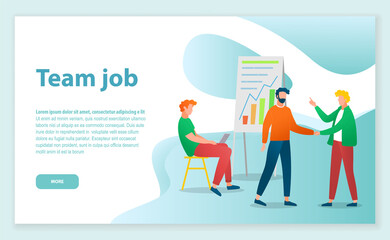 Team job, landing page of business website, office workers colleagues discussing new idea or plan, analysing financial statistics, build strategy, teamwork, brainstorming, board with charts, graphics