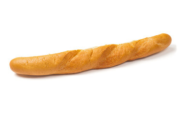 Fresh baguette close up on white background