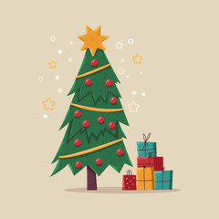 Christmas tree with gift box vector cartoon illustration isolated on background.