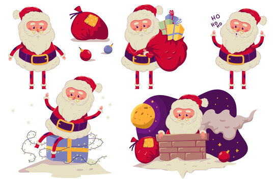 Funny Santa Claus vector cartoon characters set isolated on a white background.