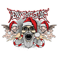 Xmas sign with skull with Santa Claus hat,  and monstrous angels, grunge vintage design t shirts