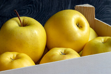 Pommes Golden dans une cagette en bois sur fond noir	