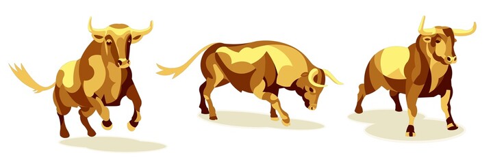 Set of golden metal bulls in different poses for 2021 chinese New Year celebration