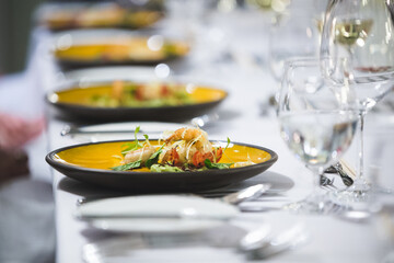 served table with food in a restaurant