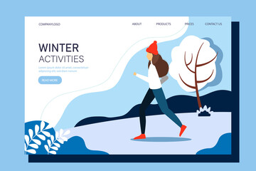 Woman running in the park in the morning. Landing page template. Conceptual illustration of outdoor recreation, active pastime. Winter vector illustration in flat style.