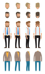 Businessman dresscode, collection of vector cartoon character s head, faces, different style of clothes, costumes of businessperson, adult office worker, views of stylish man from front, back sides