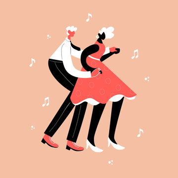 Retro party dance concept. Black young couple dancing swing, lindy hop, rock n roll. 