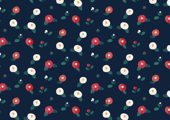 赤と白の椿のかわいいパターン背景装飾イラスト　紺色　和風