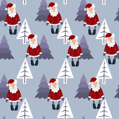 Seamless Christmas pattern with Santa and Christmas trees, vector