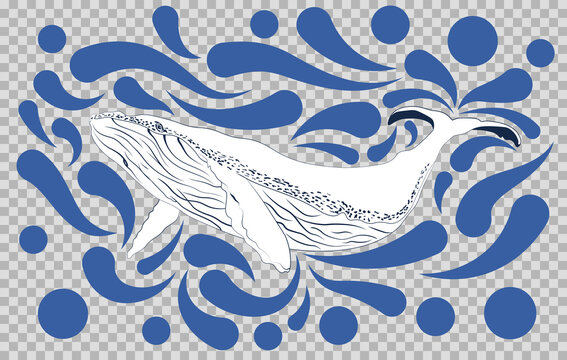 Blue Whale Ocean with splash water in flat style. Vector Illustration