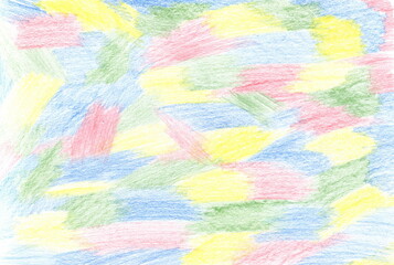Abstract background of multicolored random spots drawn with colored pencils. A hand-drawn background with patches of yellow, green, blue, and red.
