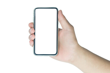 hand holding black phone isolated on white clipping path inside