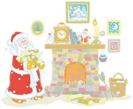 Santa Claus brought firewood to kindle fire in his old fireplace with a mantelpiece, a clock, books and winter pictures around, vector cartoon illustration isolated on a white background