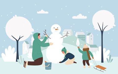 Family people make Christmas snowman together vector illustration. Cartoon active parent and children making funny Xmas snowman from snow balls, Christmas winter outdoor activity in nature background